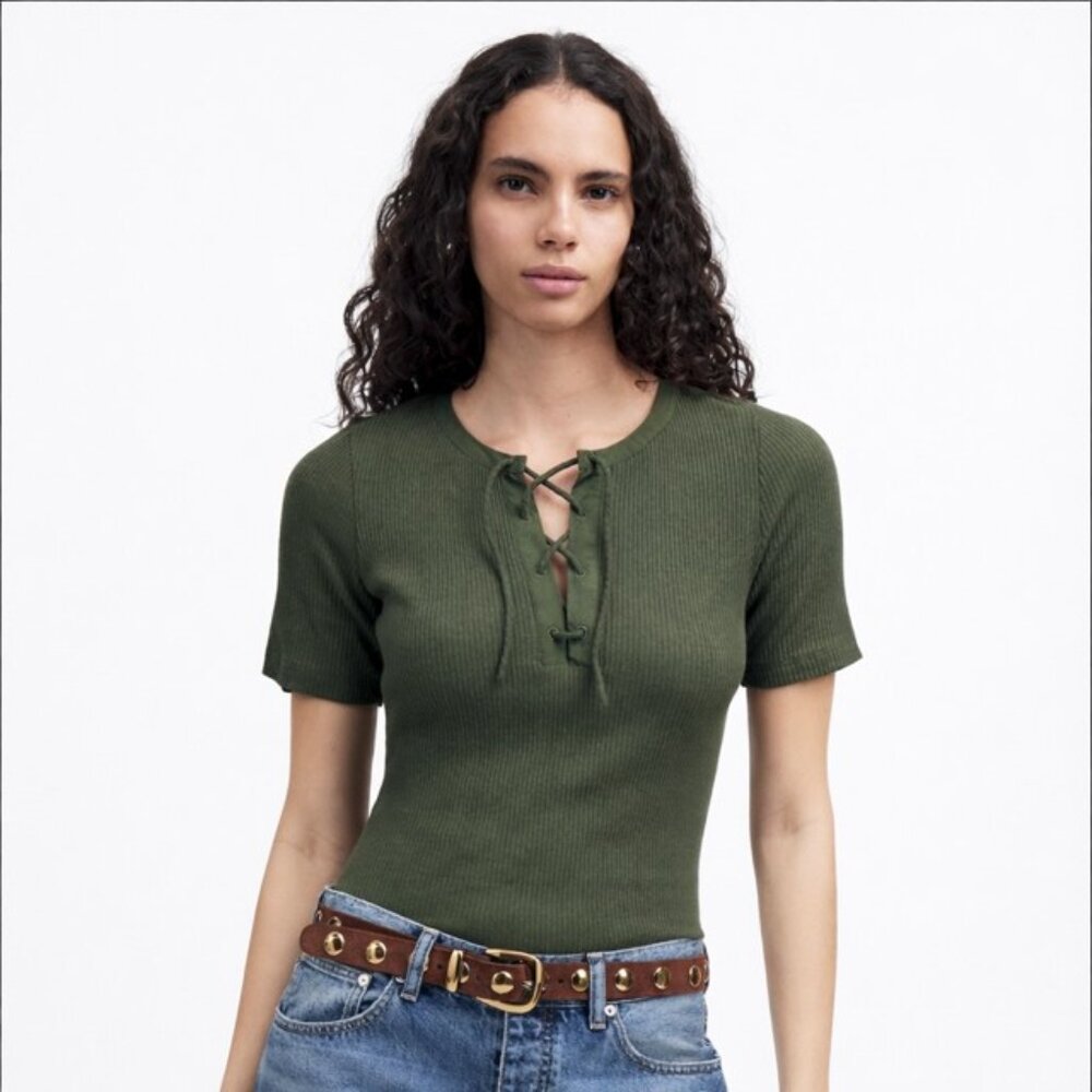 MADEWELL Ribbed Lace-Up Short-Sleeve Tee - Size Medium